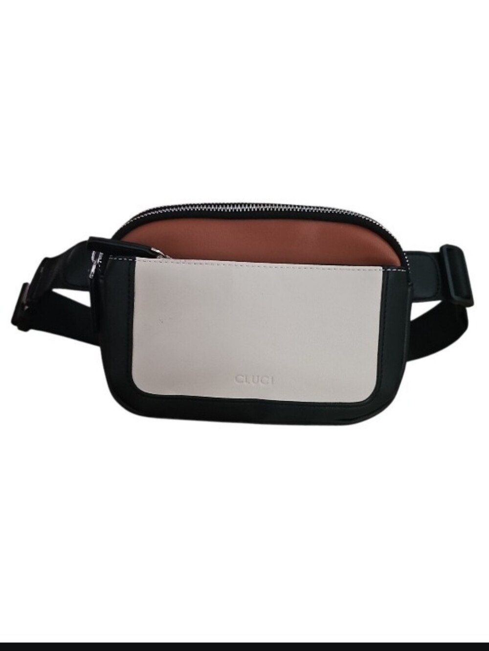 CLUCI Belt Bag Fanny Pack Crossbody Faux Leather Black Cream Triple Zip Travel